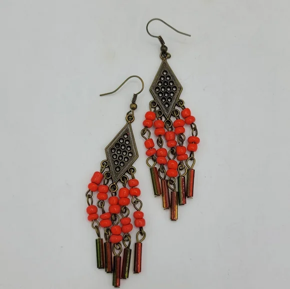 Handmade Czech Glass Beaded Brass Chandelier Earrings Vintage, 3.5" - Picture 9 of 9